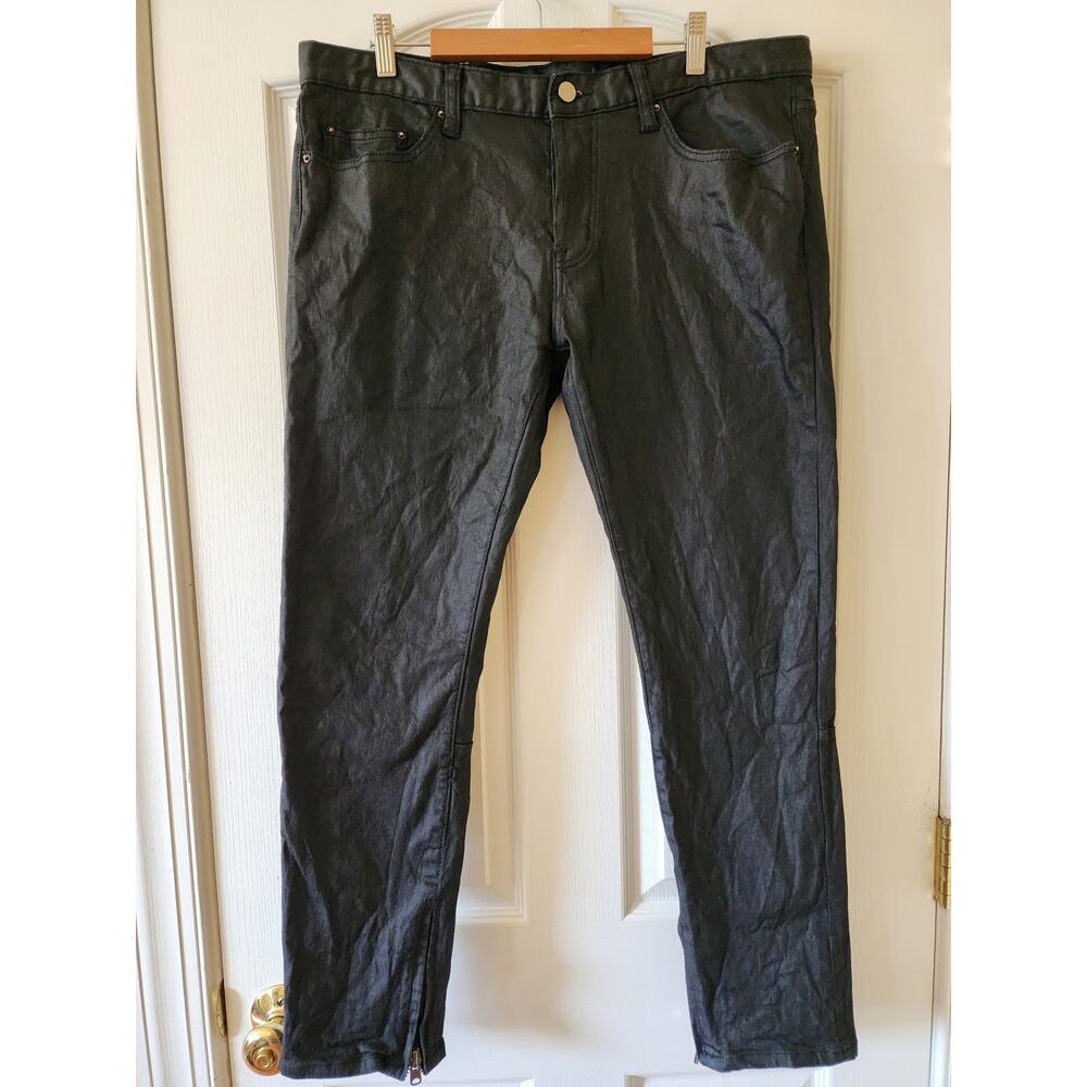 MNML Black Waxed Jeans 36x29 Skinny Moto Button Fly Denim Zipper Ankles Low Rise
